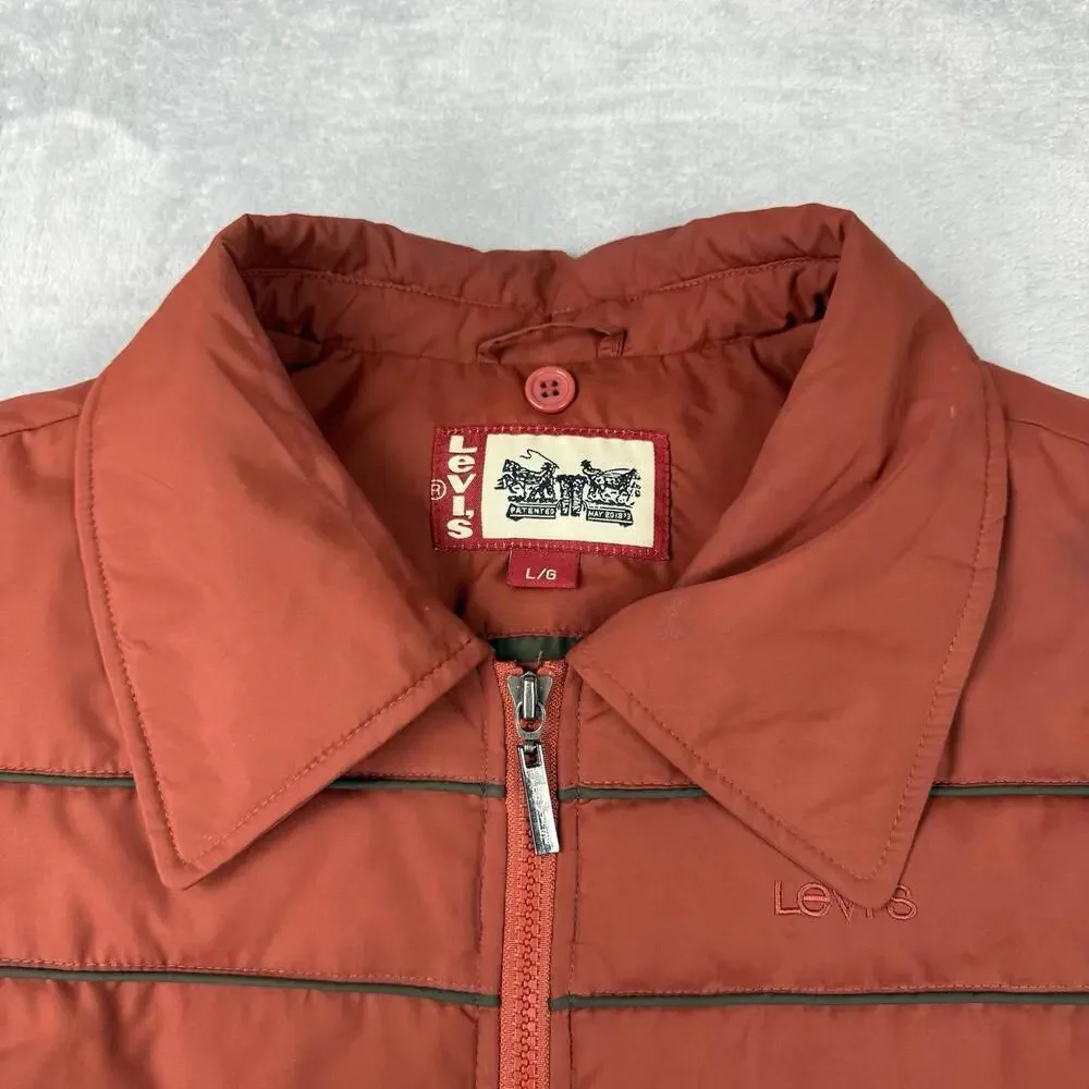 Levi’s Orange Puffer Vest Men Size L Vintage Style Full Zip Quilted Outdoor Y2K